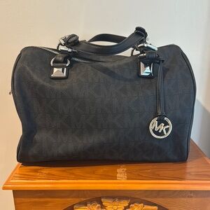 MICHAEL Michael Kors Black and Silver Duffel Bag with Leather Trim